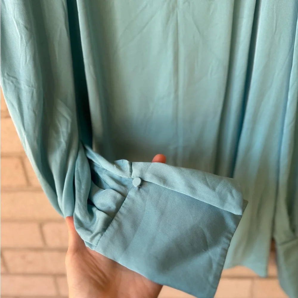 Kobi Halperin Nanee Pleated Silk Longsleeve V Neck Blouse Blue Teal Size Large - Picture 4 of 8